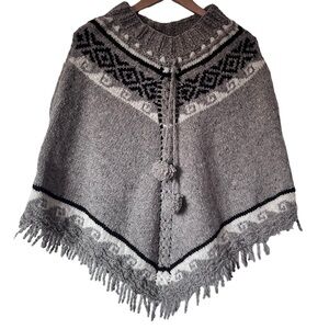 Hand Knit Cowichan Design Brown Wool Triangle Poncho
